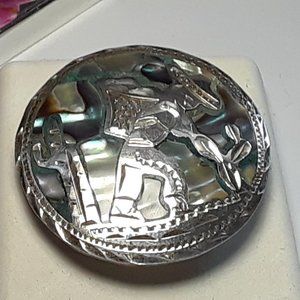 Estate Natural Abalone & Mexican Farmer w/Cactus Sterling Silver Pin/Pend #17314